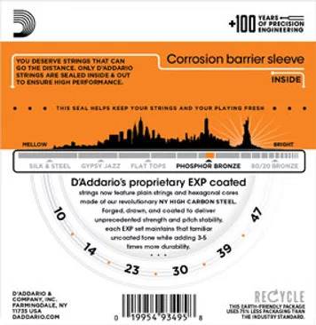 D'Addario EXP15 Coated Phosphor Bronze, Acoustic Guitar Strings, Extra Light, 10-47