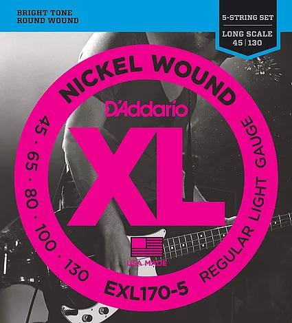 D'Addario EXL170-5  Nickel Wound, 5 Bass Guitar Strings, Regular Light,