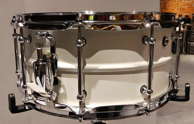 Pork Pie Snare  6.5"x14", Chrome Plated Brass Shell, Olympic White w/padded bag