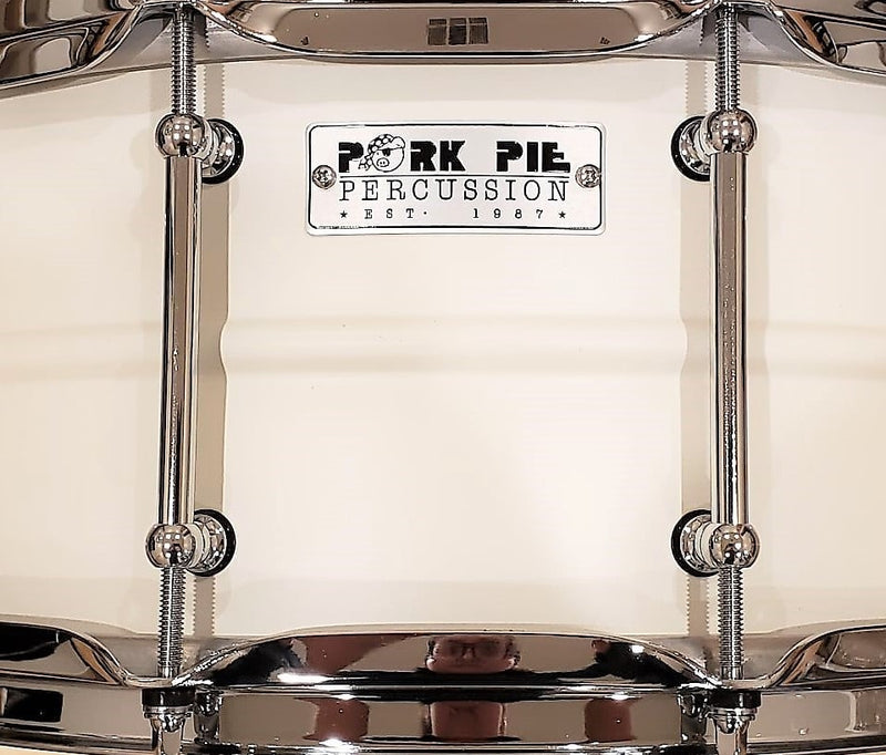 Pork Pie Snare  6.5"x14", Chrome Plated Brass Shell, Olympic White w/padded bag
